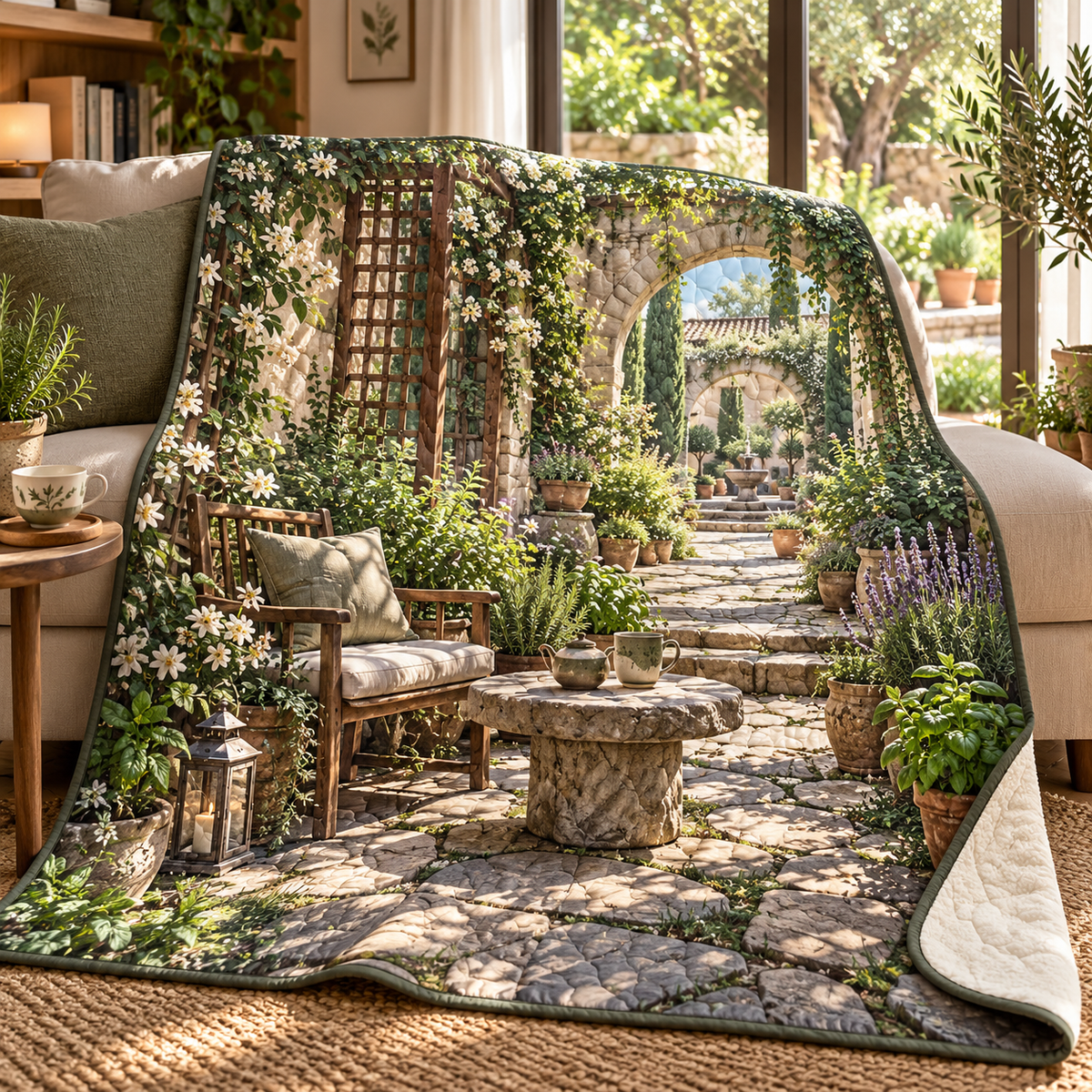 Herb Garden Quiet Corner Quilt Blanket with flat printed herb garden quiet corner artwork