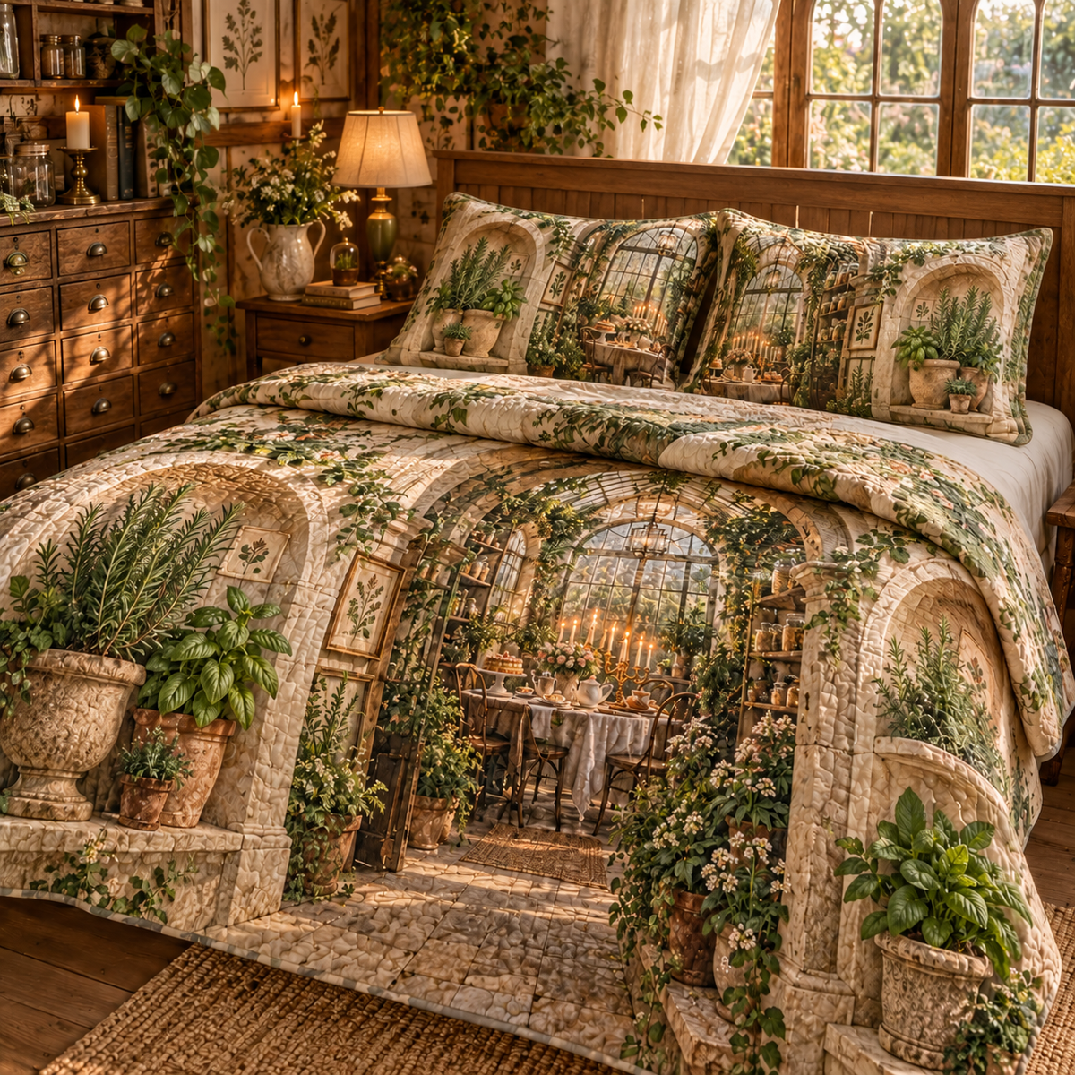 Herb Garden Birthday Keepsake Quilted Bedding Set with flat printed collector birthday herb garden artwork