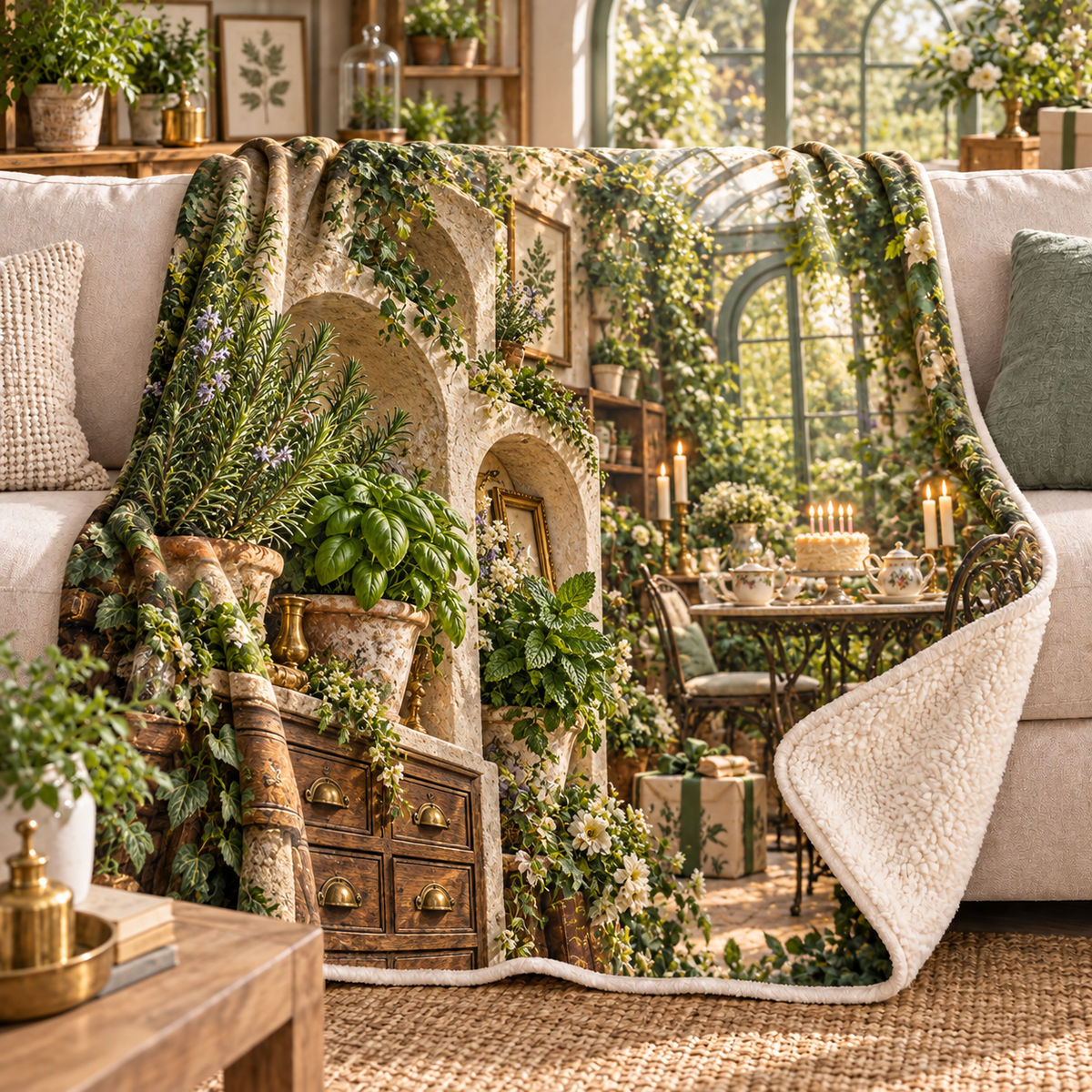 Herb Garden Birthday Keepsake Sherpa & Fleece Blanket with flat printed collector birthday herb garden artwork