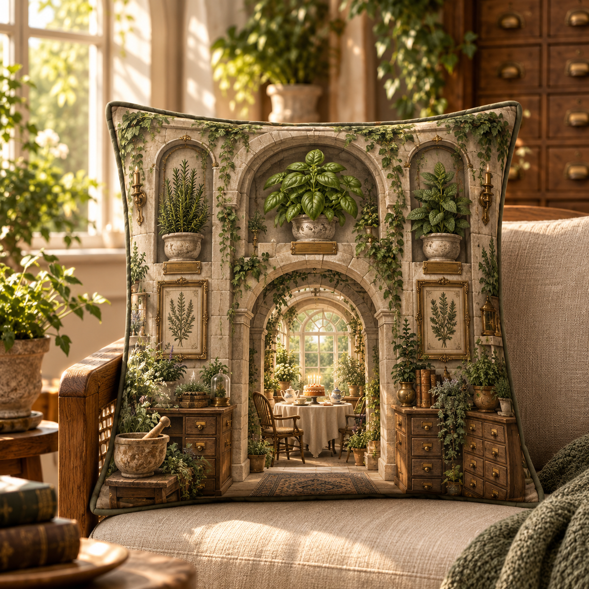 Herb Garden Birthday Keepsake Quilted Cushion Cover with flat printed collector birthday herb garden artwork