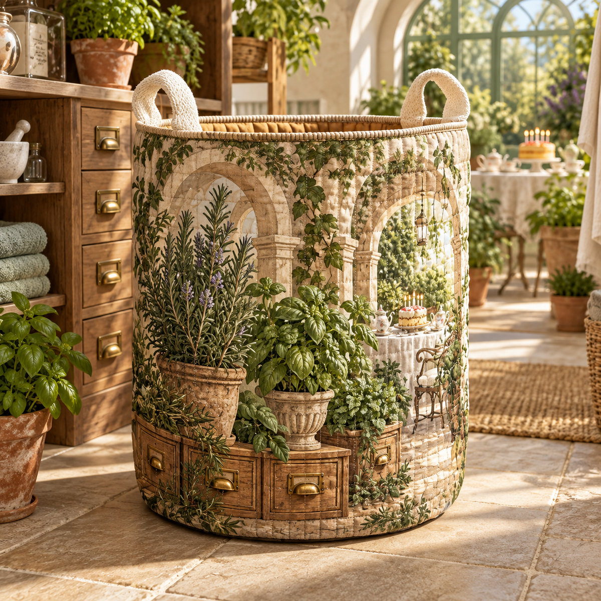 Herb Garden Birthday Keepsake Laundry Hamper with flat printed collector birthday herb garden artwork