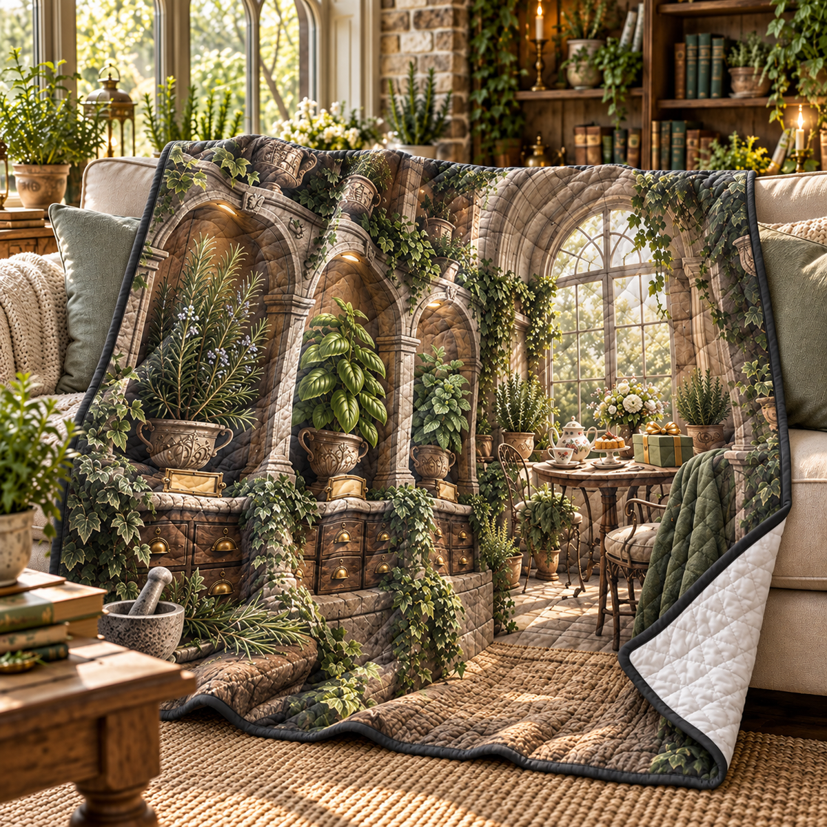 Herb Garden Birthday Keepsake Quilt Blanket with flat printed collector birthday herb garden artwork
