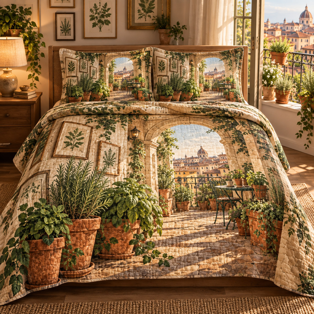 Herb Garden Apartment Gallery Quilted Bedding Set with flat printed herb garden apartment gallery artwork