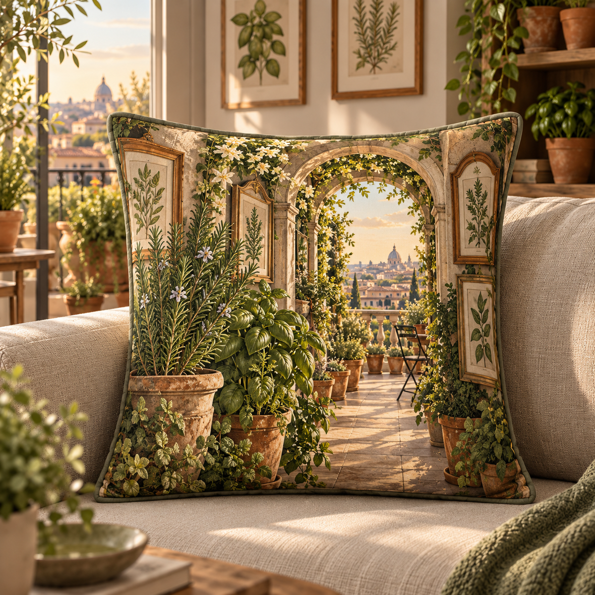 Herb Garden Apartment Gallery Quilted Cushion Cover with flat printed herb garden apartment gallery artwork