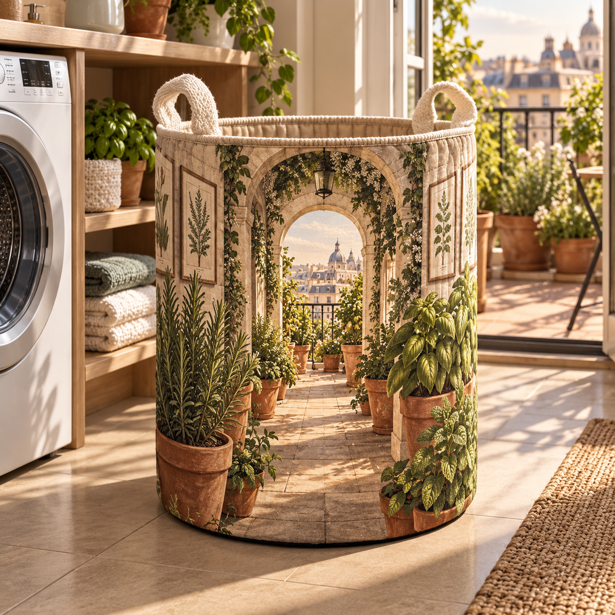 Herb Garden Apartment Gallery Laundry Hamper with flat printed herb garden apartment gallery artwork
