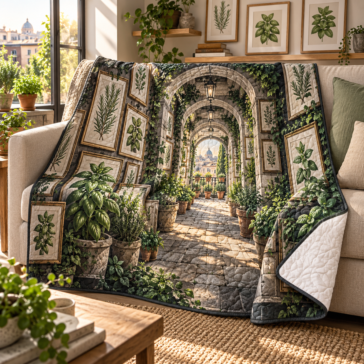 Herb Garden Apartment Gallery Quilt Blanket with flat printed herb garden apartment gallery artwork