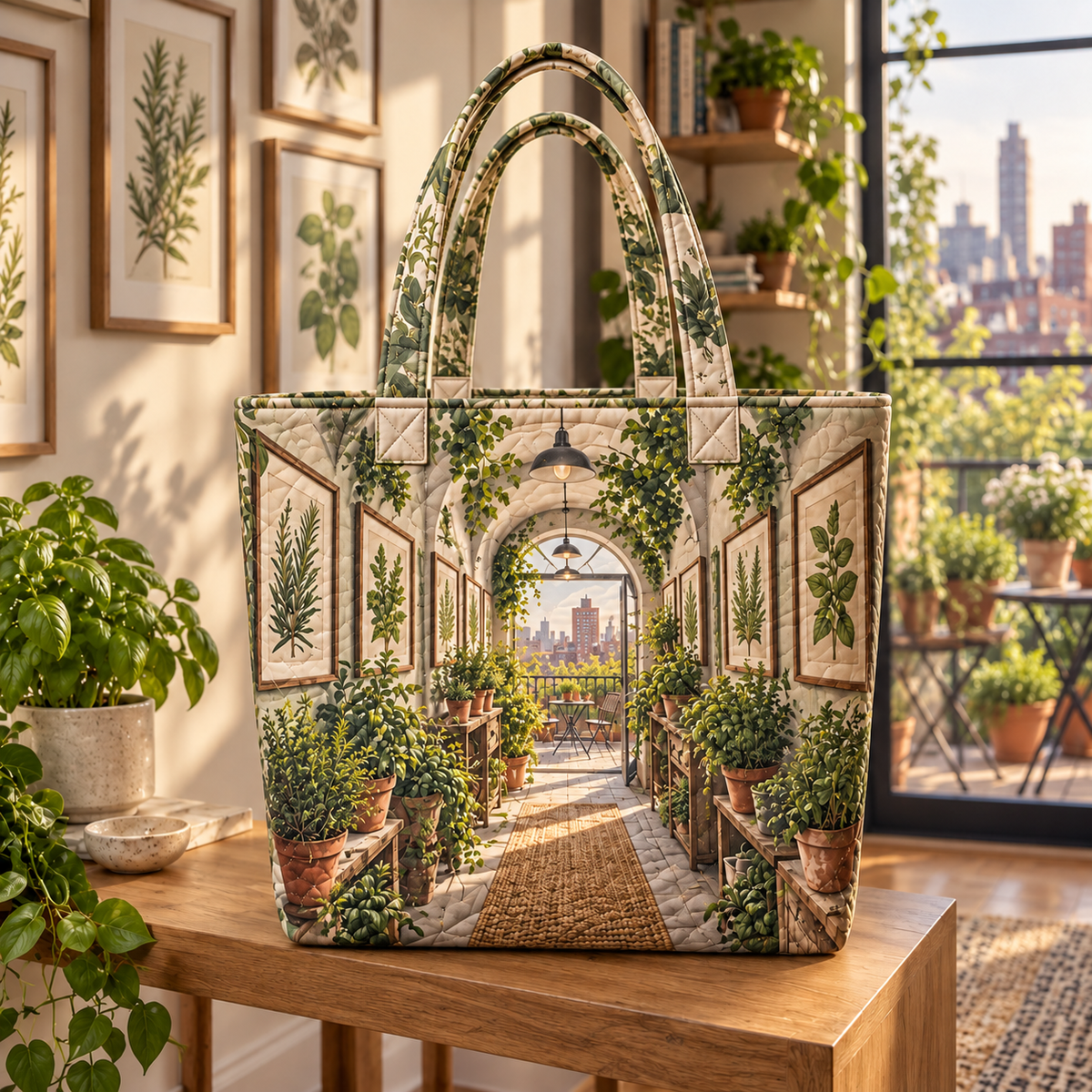 Herb Garden Apartment Gallery Quilted Tote Bag with flat printed herb garden apartment gallery artwork
