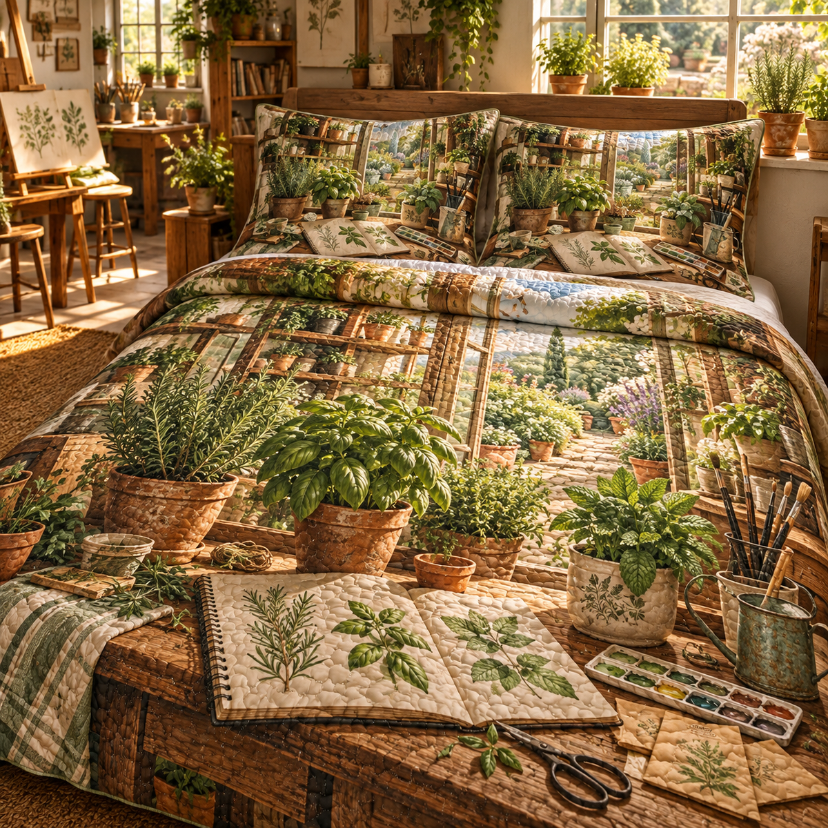 Herb Garden Hobby Studio Quilted Bedding Set with flat printed herb garden hobby studio artwork