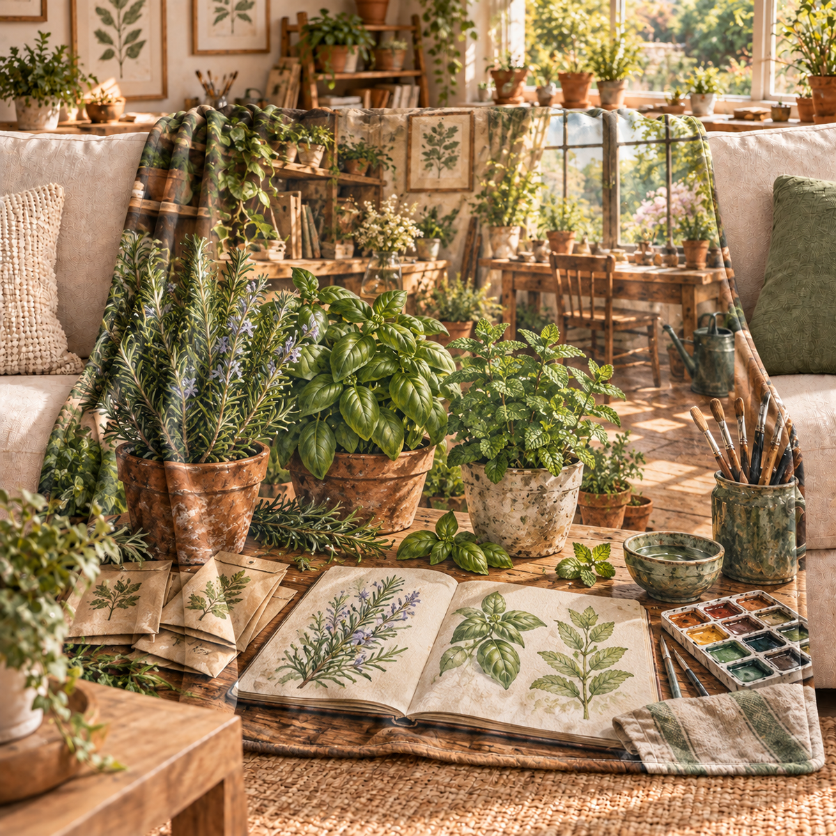 Herb Garden Hobby Studio Sherpa & Fleece Blanket with flat printed herb garden hobby studio artwork
