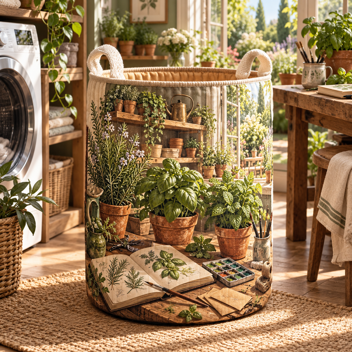 Herb Garden Hobby Studio Laundry Hamper with flat printed herb garden hobby studio artwork