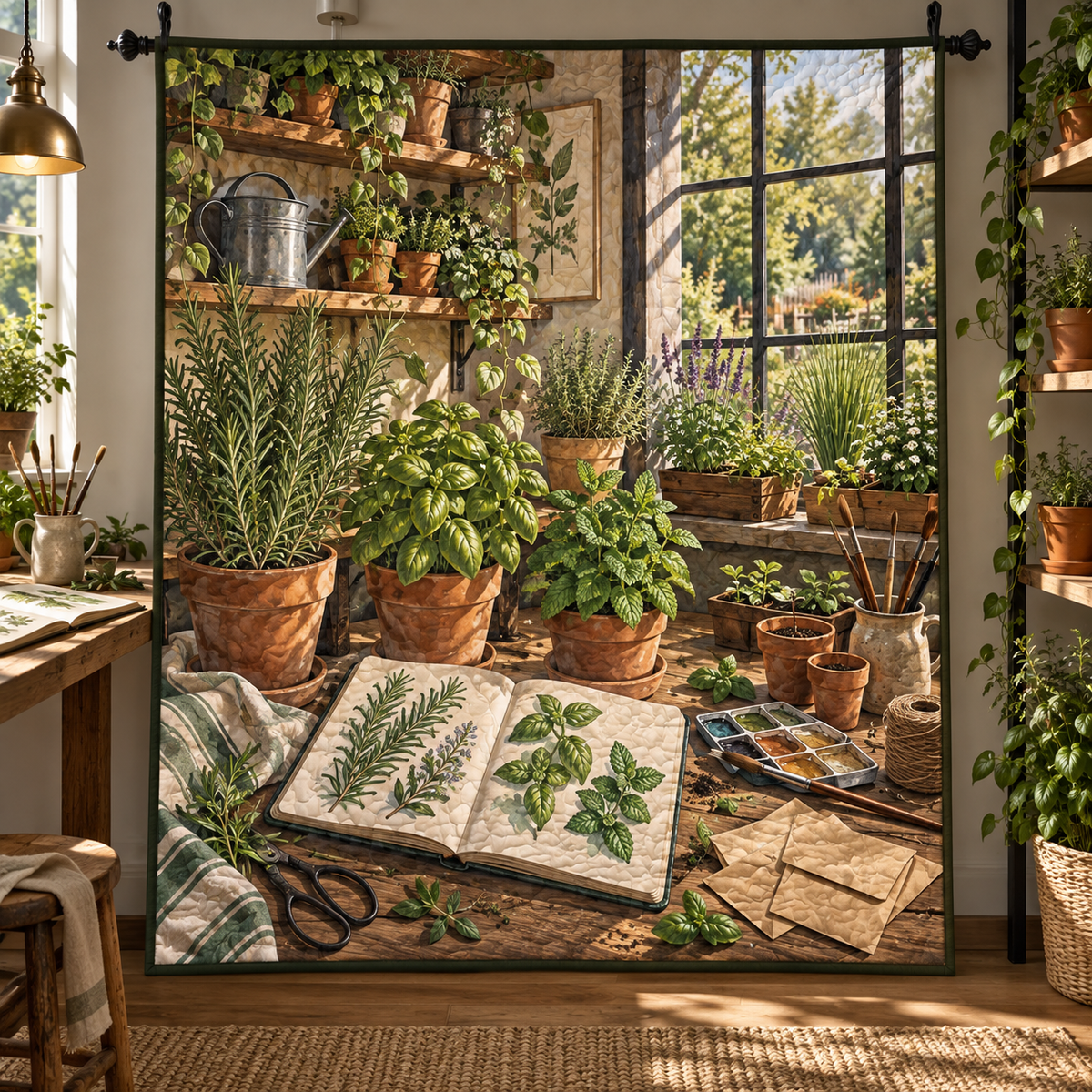 Herb Garden Hobby Studio Quilt Blanket with flat printed herb garden hobby studio artwork