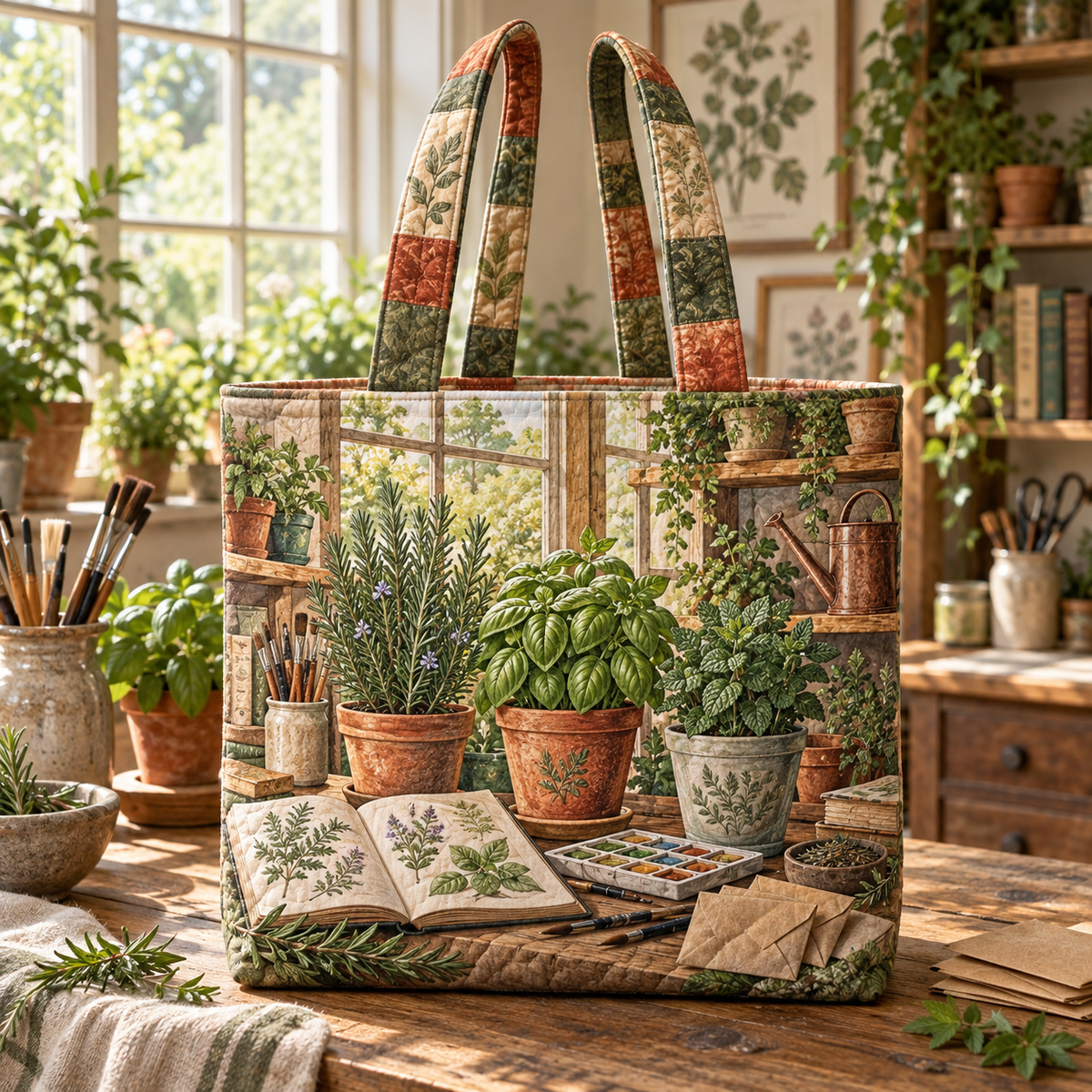 Herb Garden Hobby Studio Quilted Tote Bag with flat printed herb garden hobby studio artwork