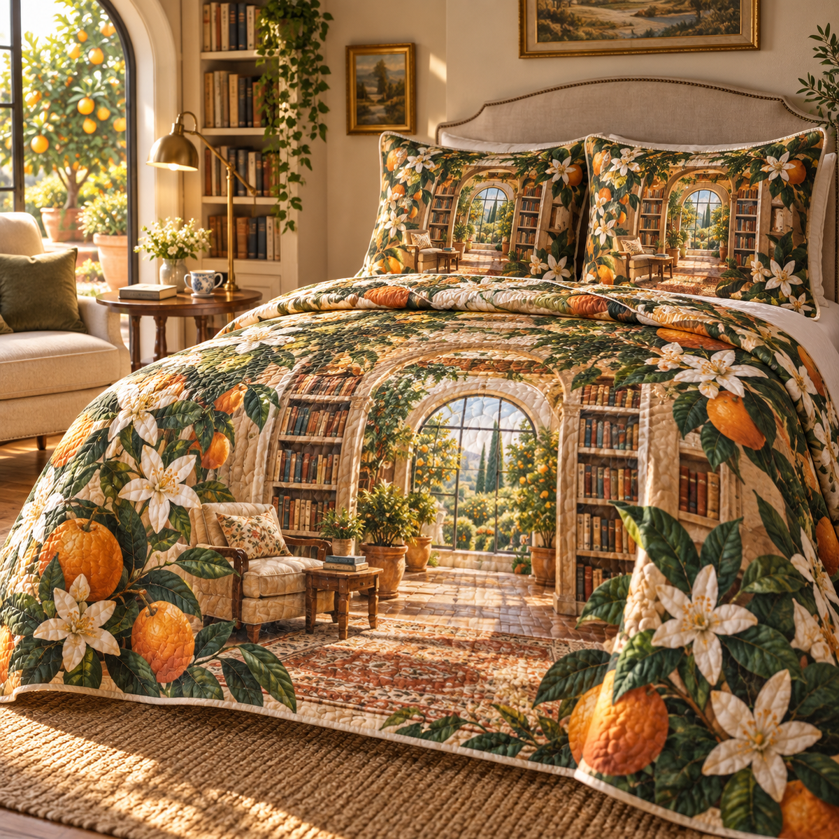 Citrus Blossom Reading Nook Quilted Bedding Set with flat printed citrus blossom reading nook artwork