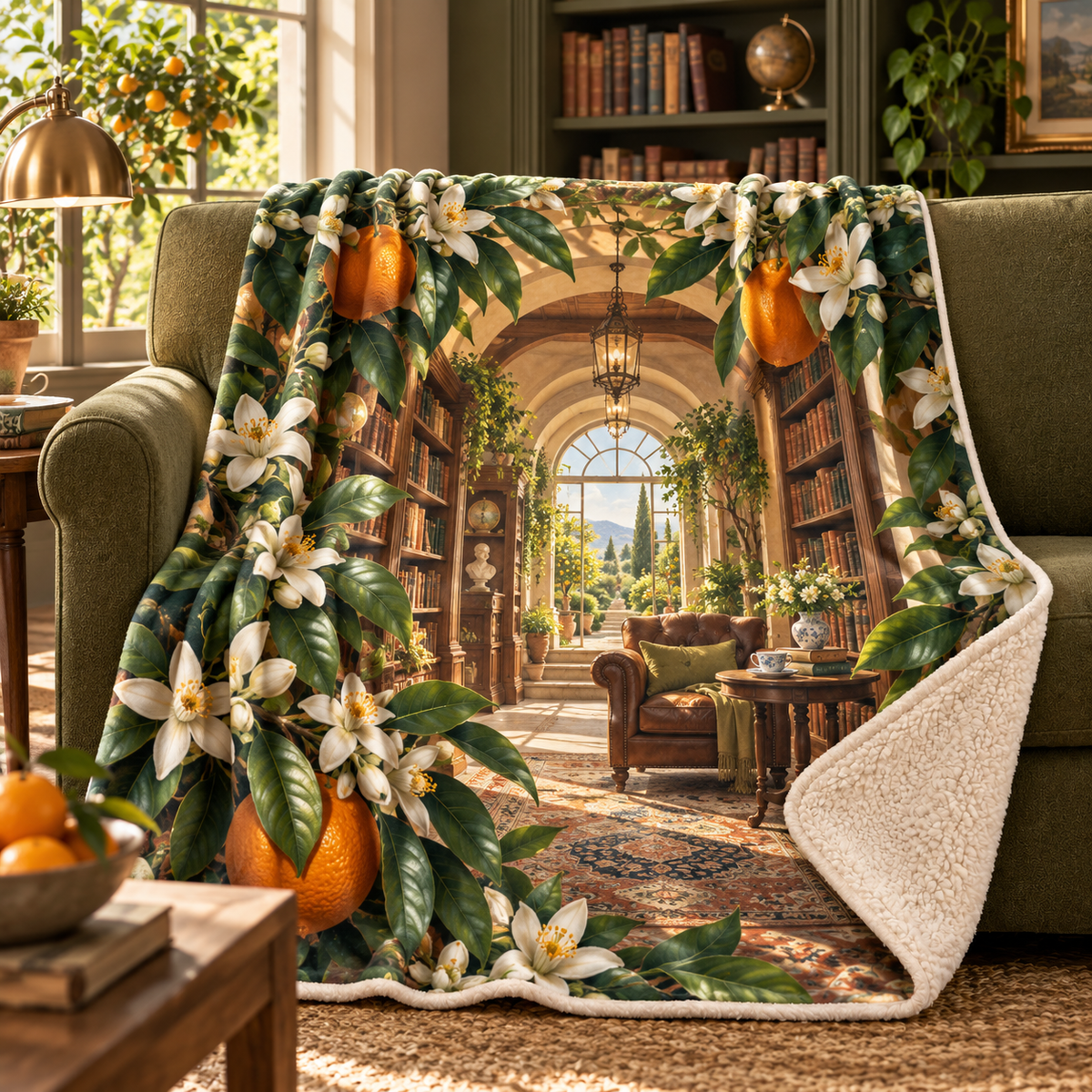 Citrus Blossom Reading Nook Sherpa & Fleece Blanket with flat printed citrus blossom reading nook artwork
