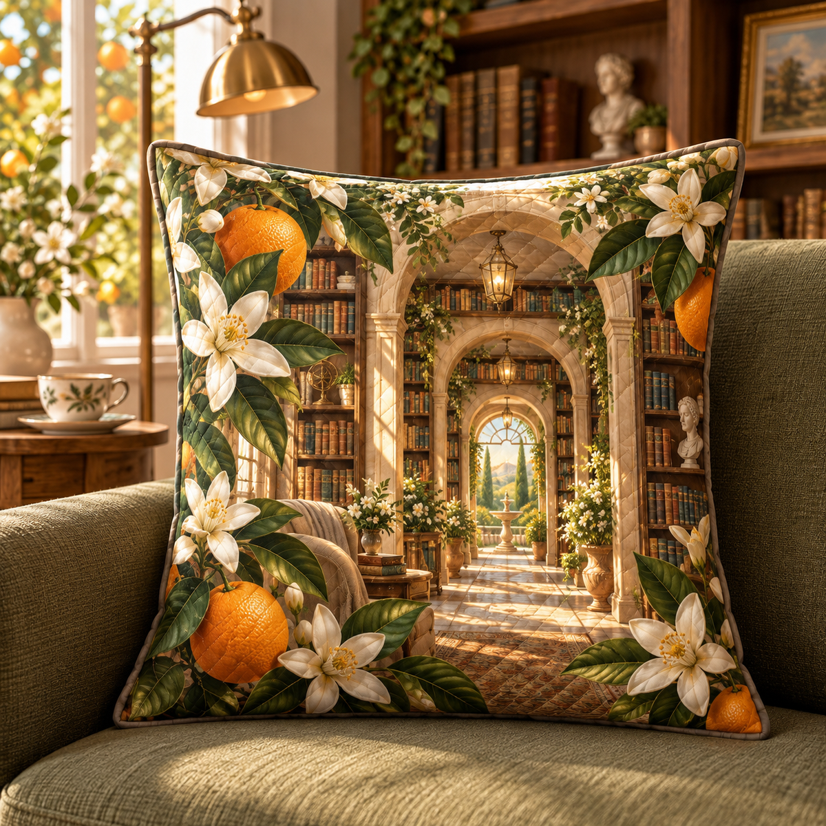 Citrus Blossom Reading Nook Quilted Cushion Cover with flat printed citrus blossom reading nook artwork