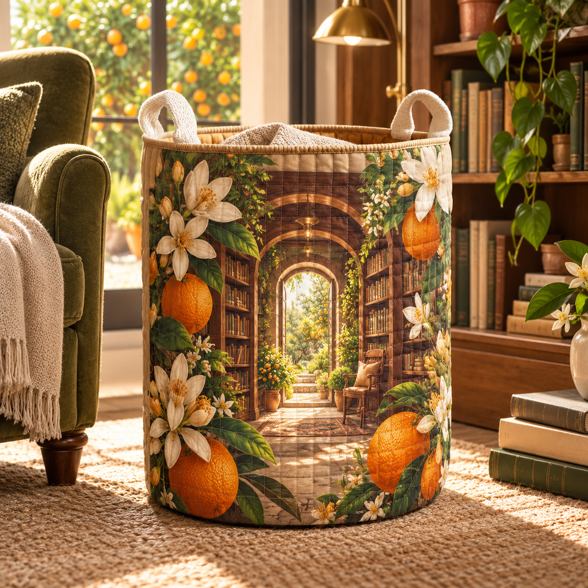 Citrus Blossom Reading Nook Laundry Hamper with flat printed citrus blossom reading nook artwork