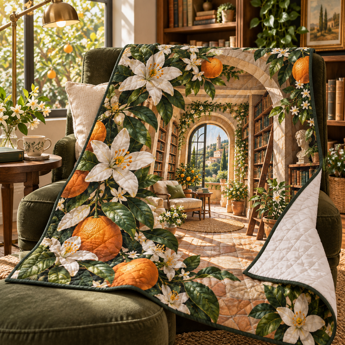 Citrus Blossom Reading Nook Quilt Blanket with flat printed citrus blossom reading nook artwork