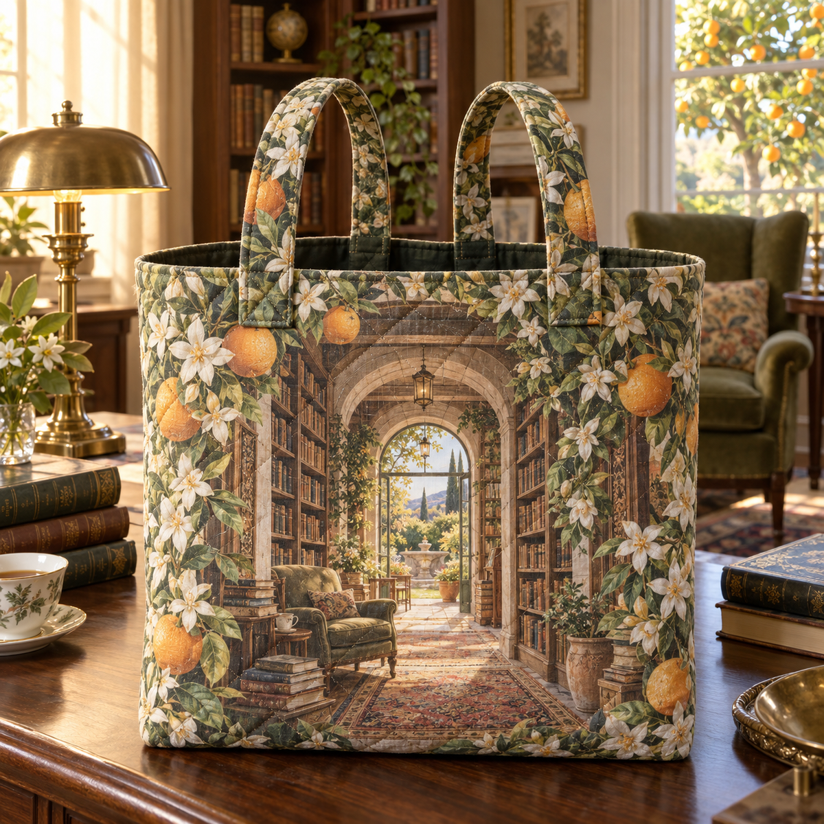 Citrus Blossom Reading Nook Quilted Tote Bag with flat printed citrus blossom reading nook artwork