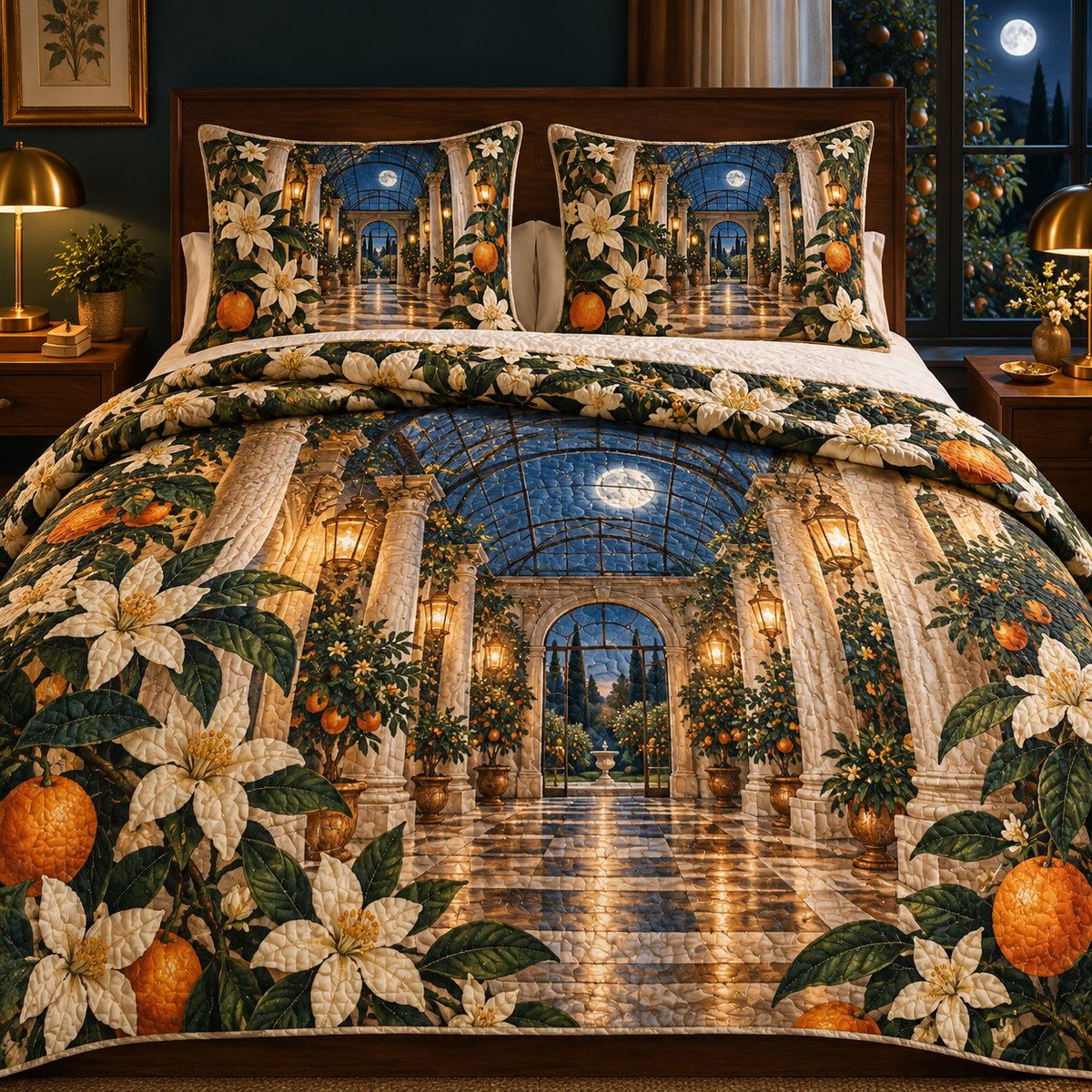 Citrus Blossom Bedroom Statement Quilted Bedding Set with flat printed citrus blossom bedroom conservatory artwork