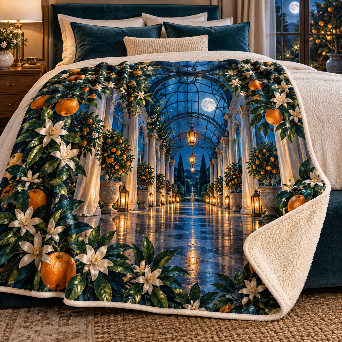 Citrus Blossom Bedroom Statement Sherpa & Fleece Blanket with flat printed citrus blossom bedroom conservatory artwork