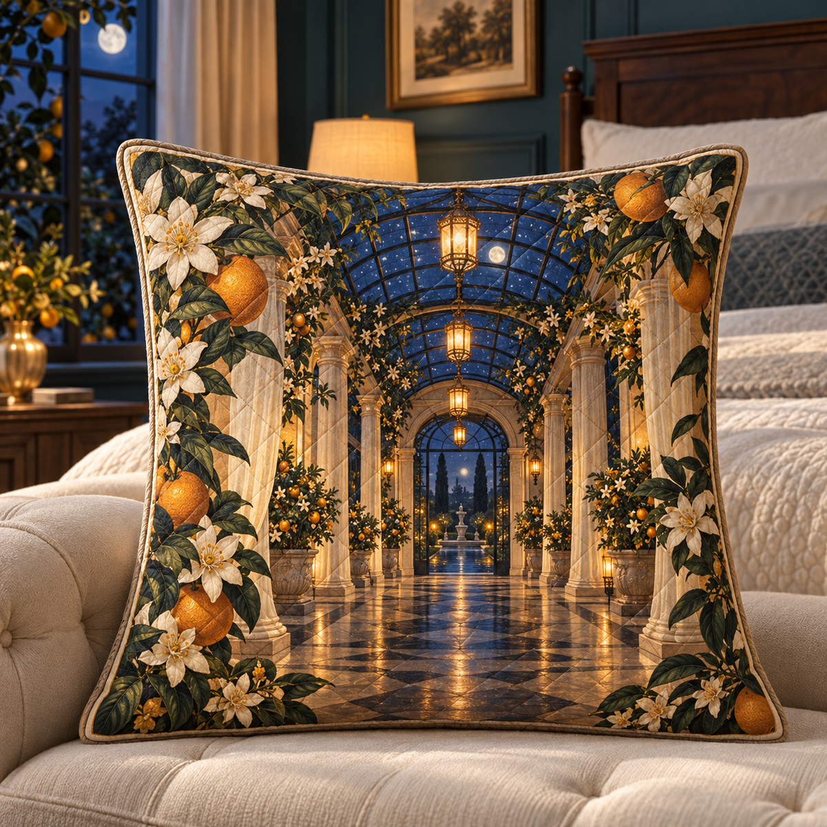Citrus Blossom Bedroom Statement Quilted Cushion Cover with flat printed citrus blossom bedroom conservatory artwork