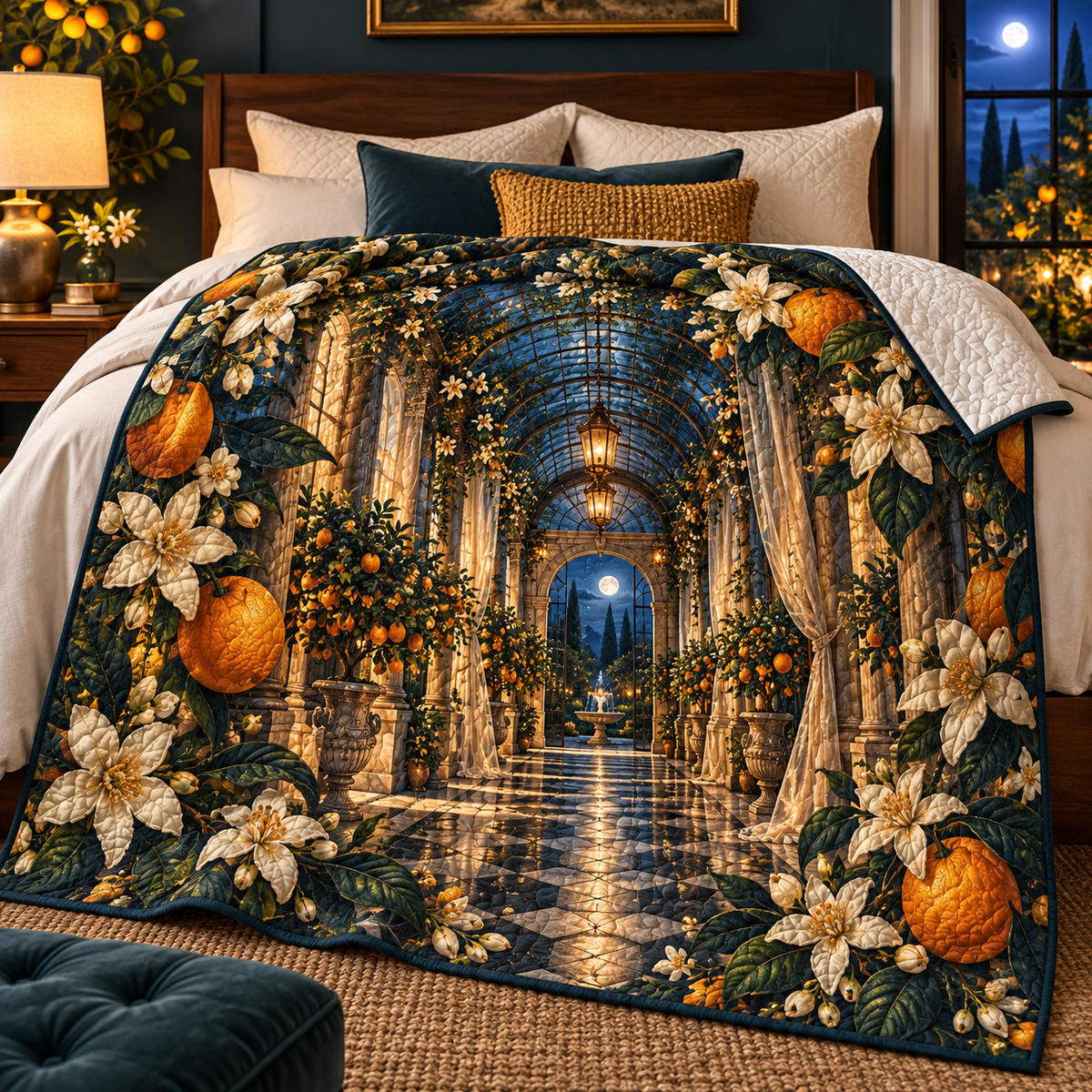 Citrus Blossom Bedroom Statement Quilt Blanket with flat printed citrus blossom bedroom conservatory artwork