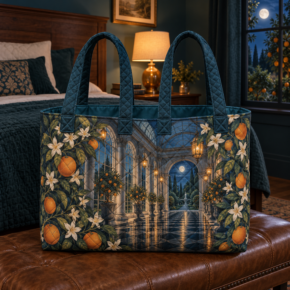 Citrus Blossom Bedroom Statement Quilted Tote Bag with flat printed citrus blossom bedroom conservatory artwork