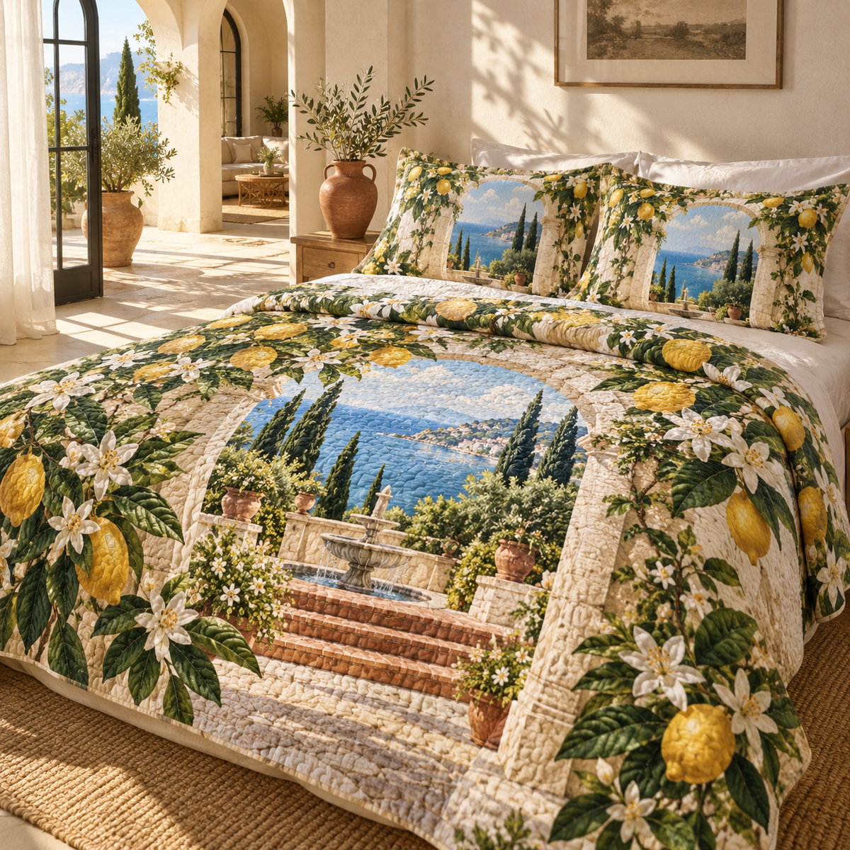 Citrus Blossom Living Room Quilted Bedding Set with flat printed citrus blossom Mediterranean salon artwork