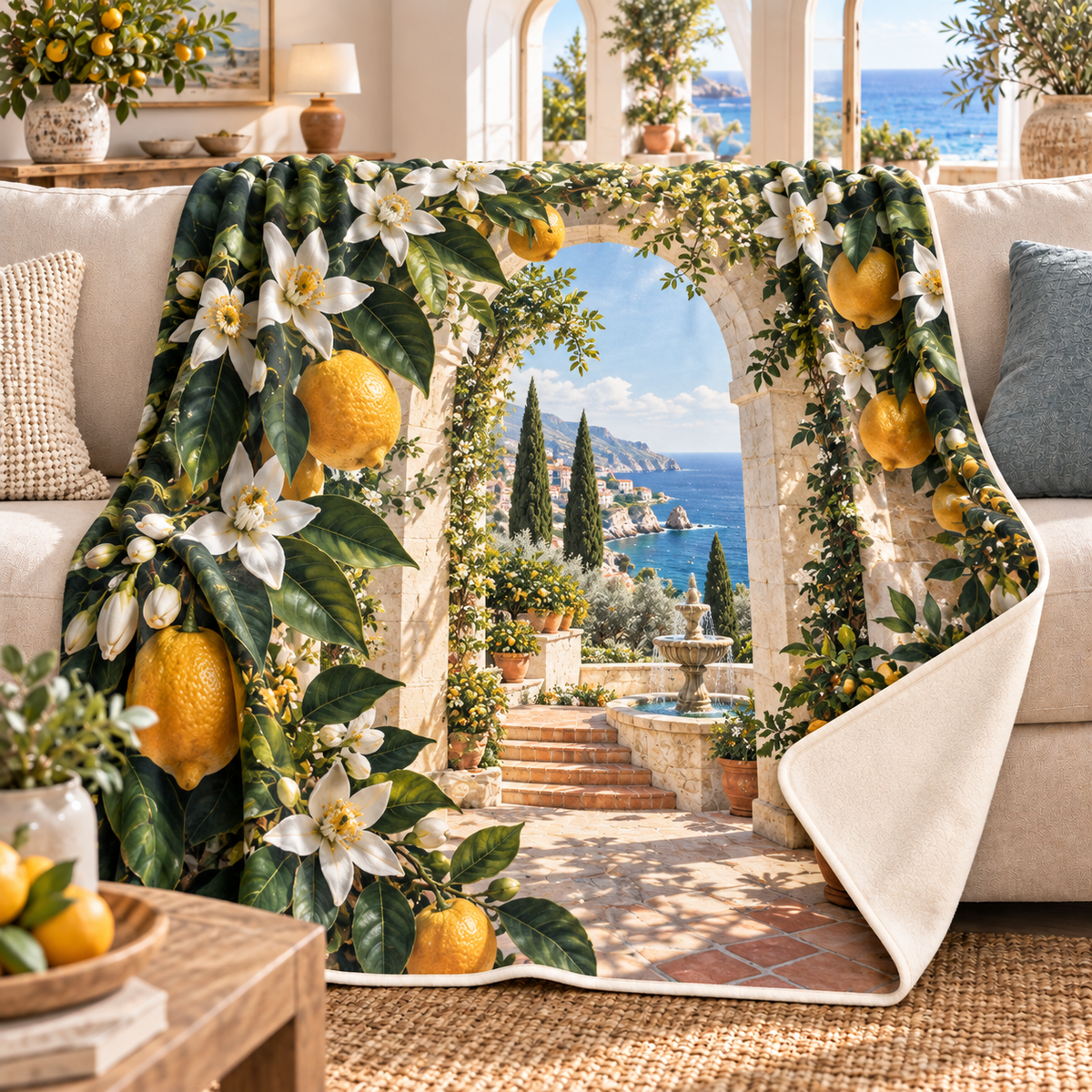 Citrus Blossom Living Room Sherpa & Fleece Blanket with flat printed citrus blossom Mediterranean salon artwork
