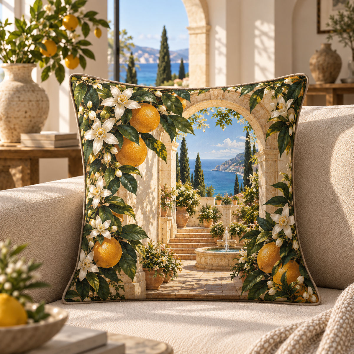 Citrus Blossom Living Room Quilted Cushion Cover with flat printed citrus blossom Mediterranean salon artwork