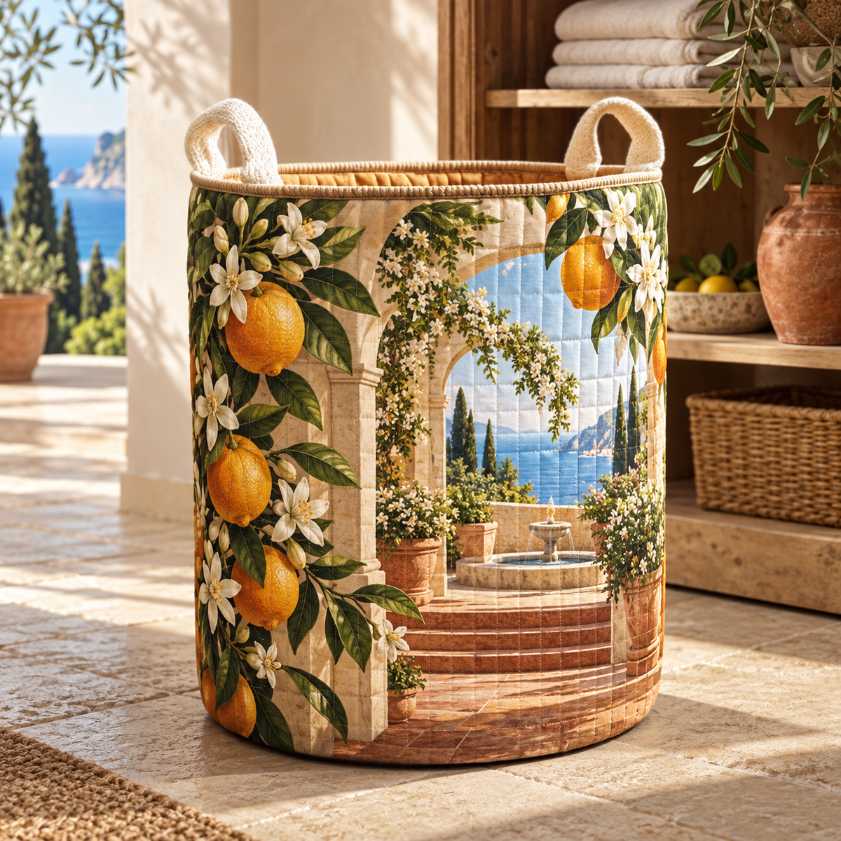 Citrus Blossom Living Room Laundry Hamper with flat printed citrus blossom Mediterranean salon artwork