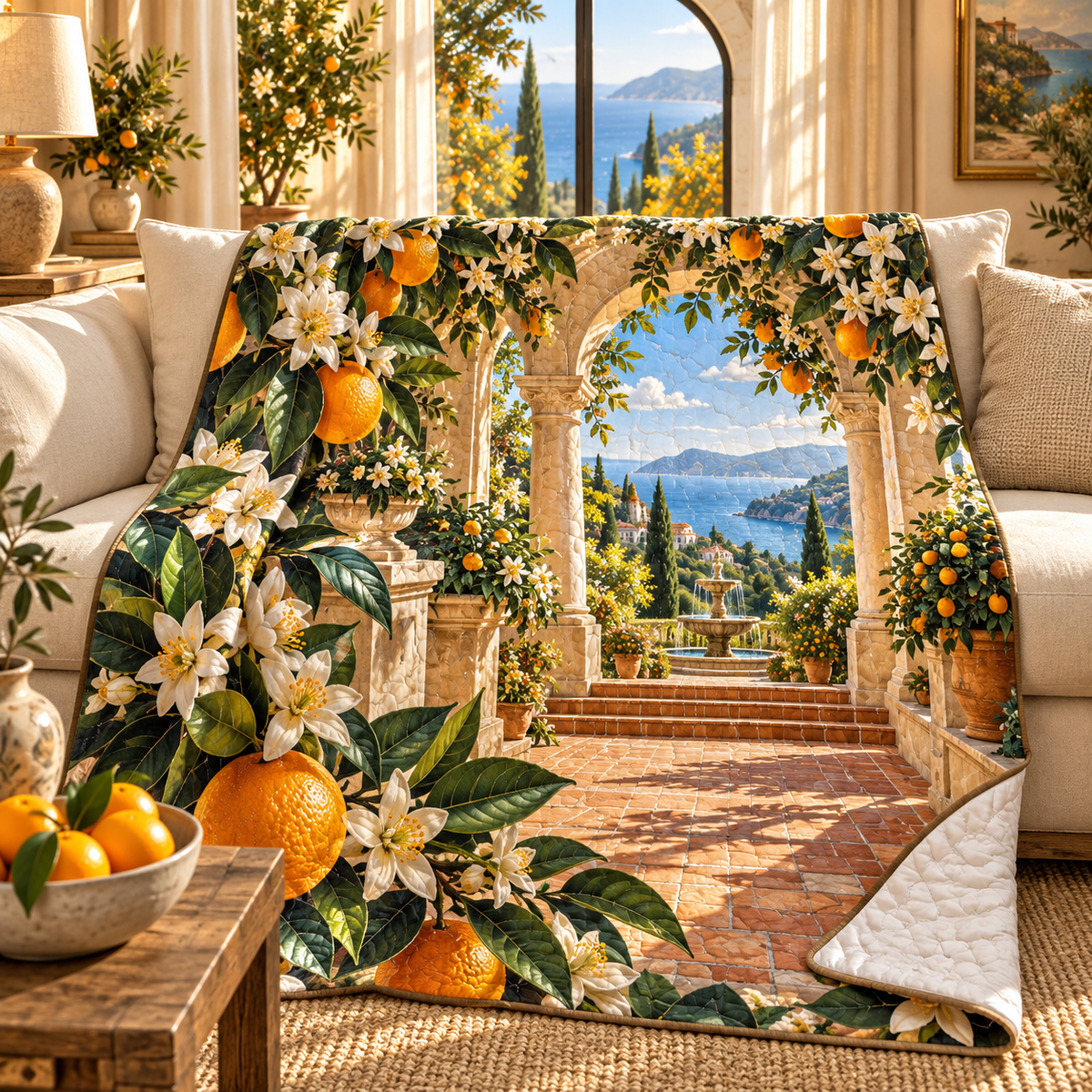 Citrus Blossom Living Room Quilt Blanket with flat printed citrus blossom Mediterranean salon artwork
