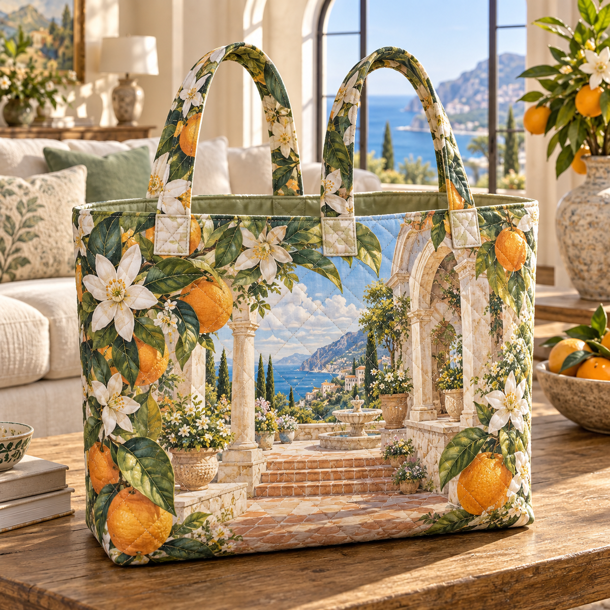 Citrus Blossom Living Room Quilted Tote Bag with flat printed citrus blossom Mediterranean salon artwork