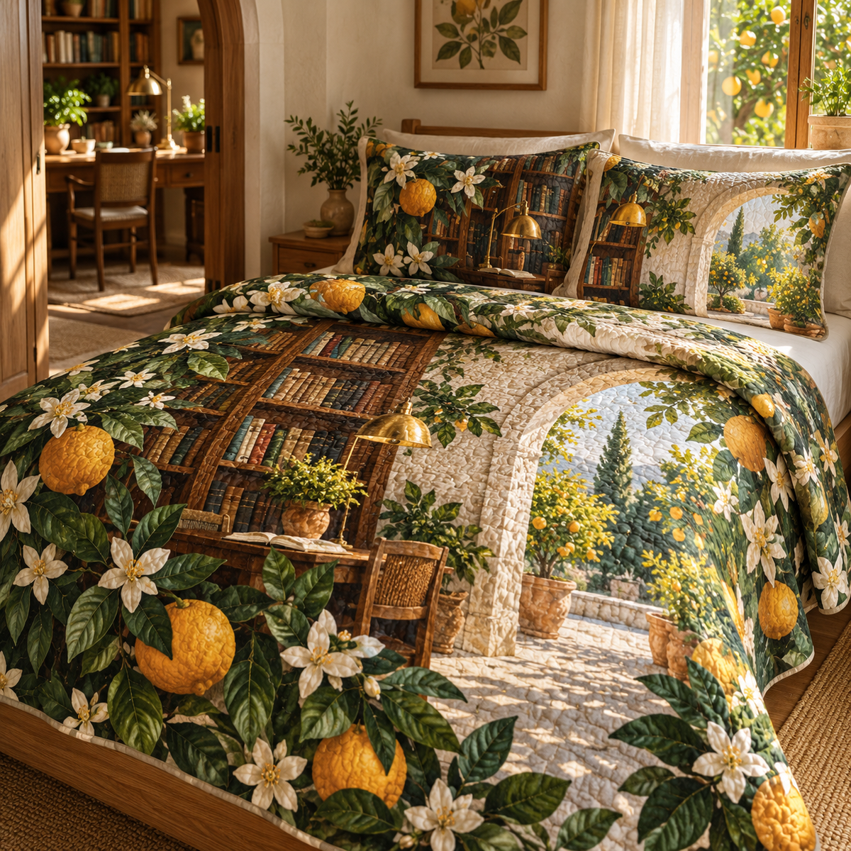 Citrus Blossom Home Office Quilted Bedding Set with flat printed citrus blossom botanical home-office artwork