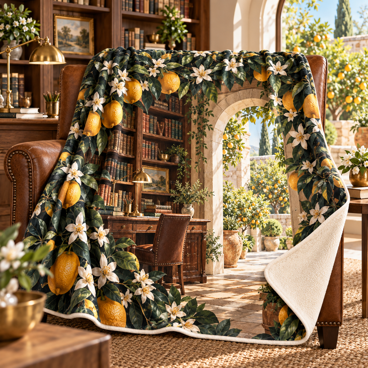 Citrus Blossom Home Office Sherpa & Fleece Blanket with flat printed citrus blossom botanical home-office artwork