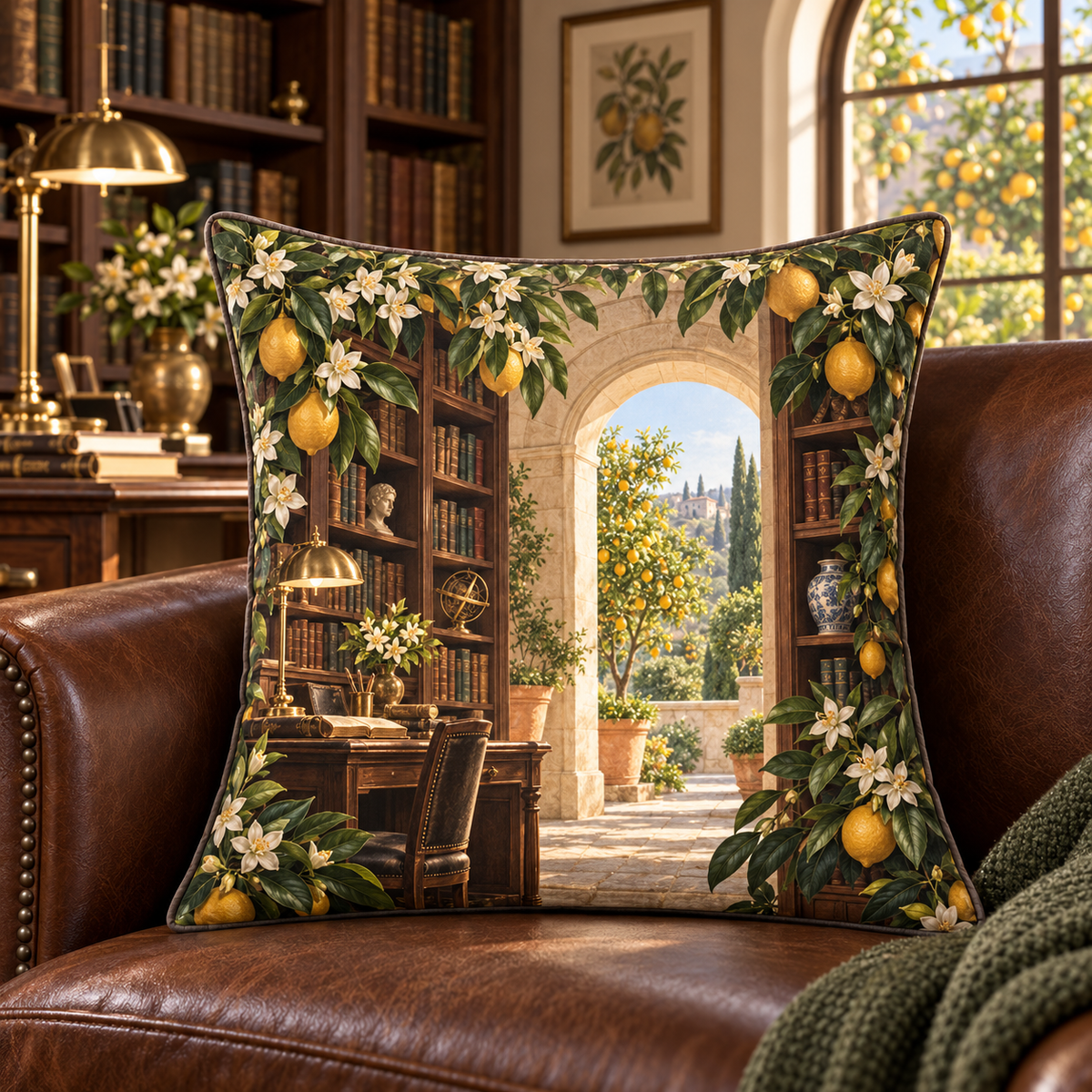 Citrus Blossom Home Office Quilted Cushion Cover with flat printed citrus blossom botanical home-office artwork