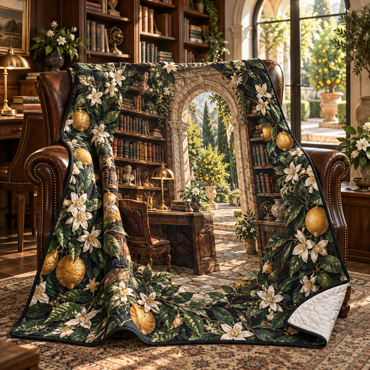 Citrus Blossom Home Office Quilt Blanket with flat printed citrus blossom botanical home-office artwork