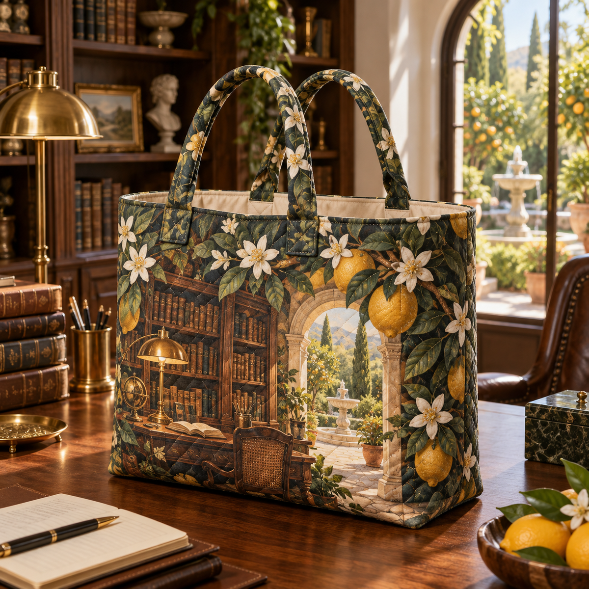 Citrus Blossom Home Office Quilted Tote Bag with flat printed citrus blossom botanical home-office artwork