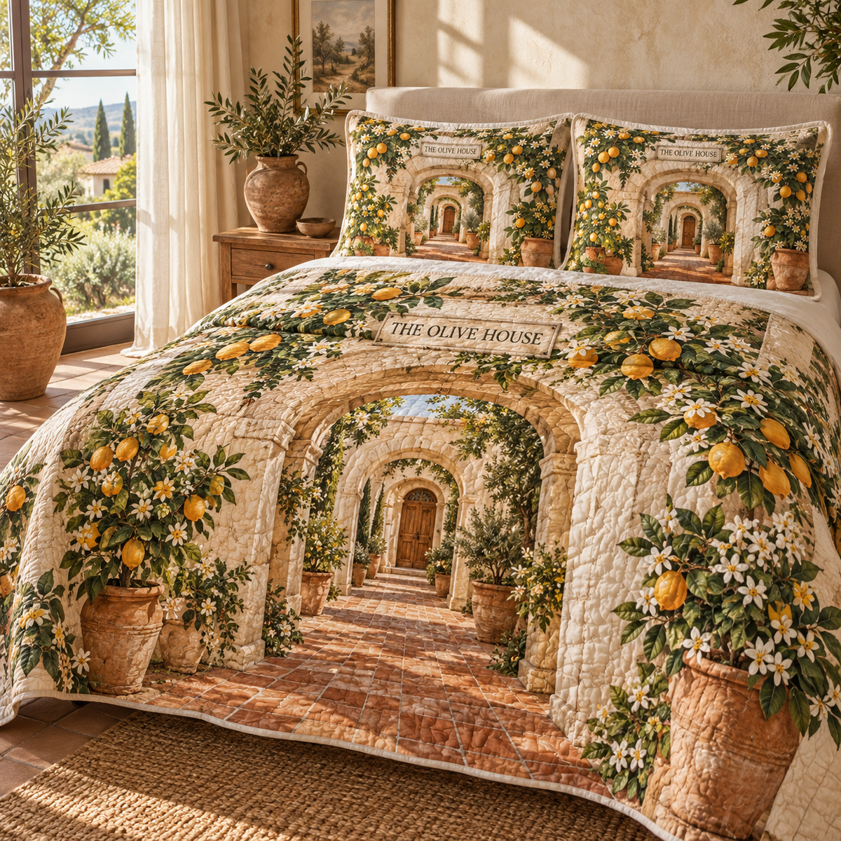 Citrus Blossom Housewarming Quilted Bedding Set with flat printed citrus-blossom housewarming garden and sample household name