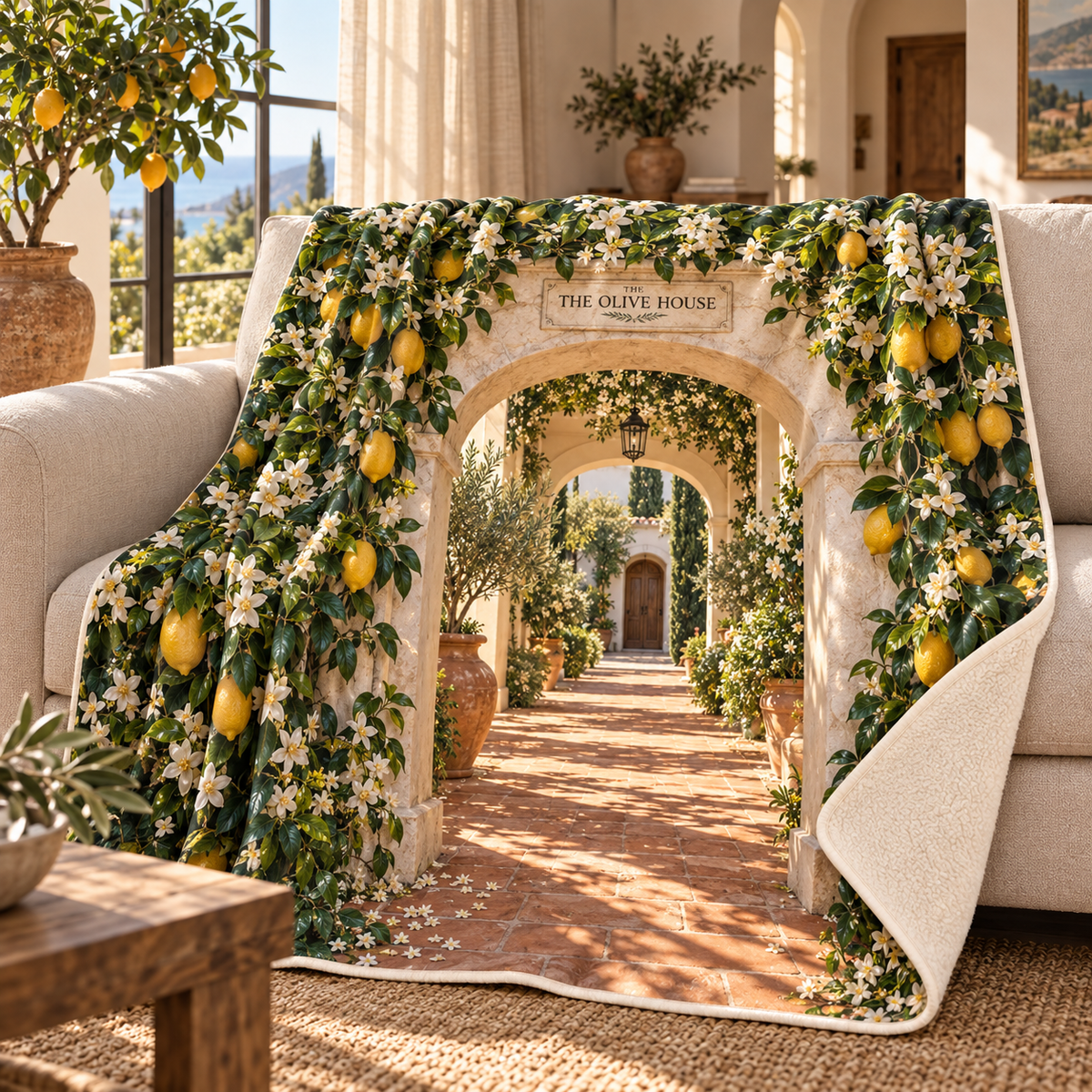 Citrus Blossom Housewarming Sherpa & Fleece Blanket with flat printed citrus-blossom housewarming garden and sample household name