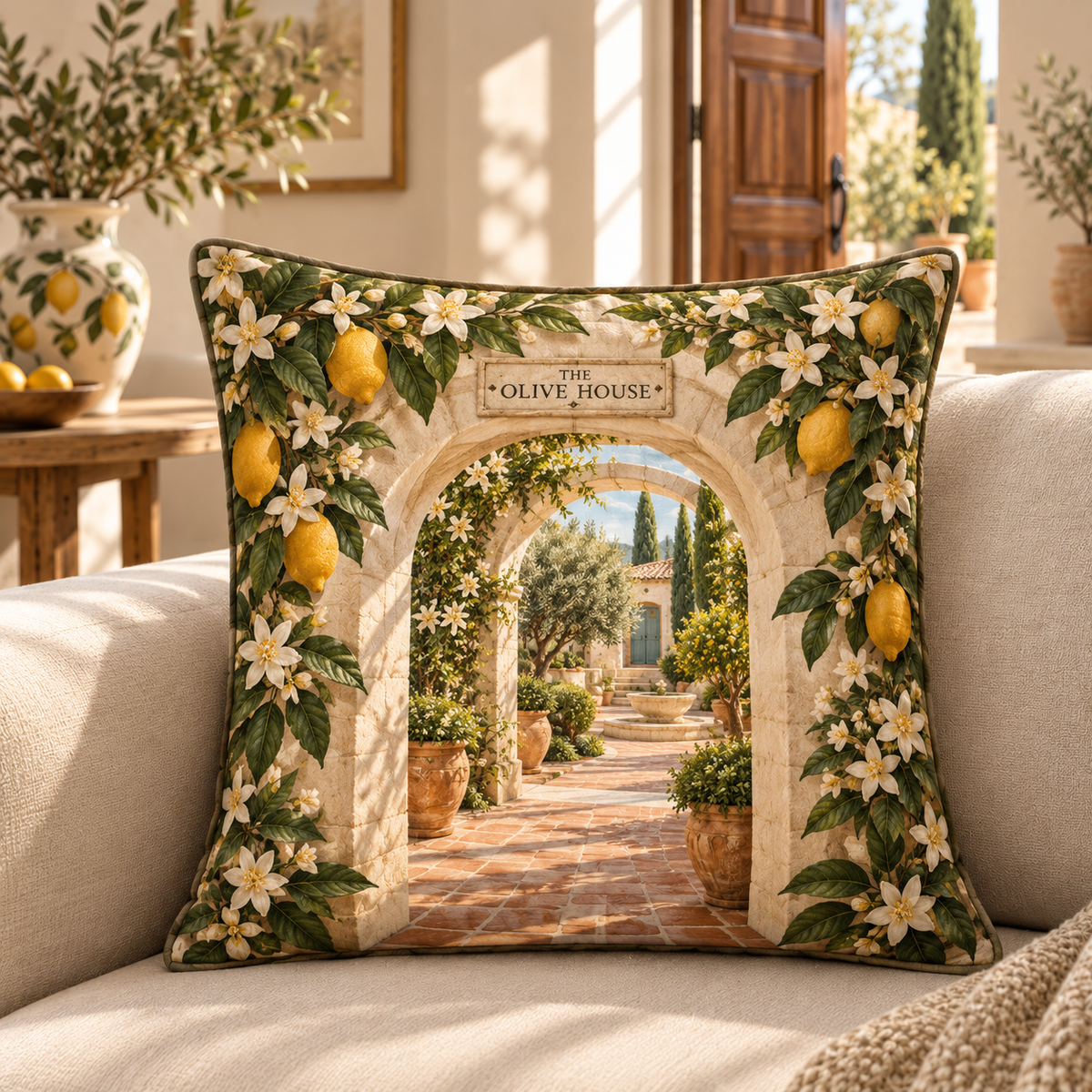 Citrus Blossom Housewarming Quilted Cushion Cover with flat printed citrus-blossom housewarming garden and sample household name