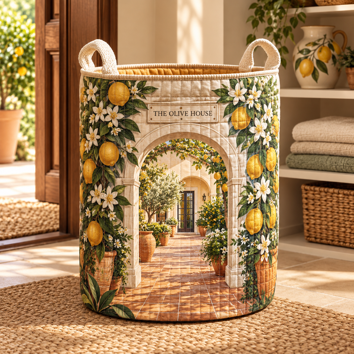 Citrus Blossom Housewarming Laundry Hamper with flat printed citrus-blossom housewarming garden and sample household name