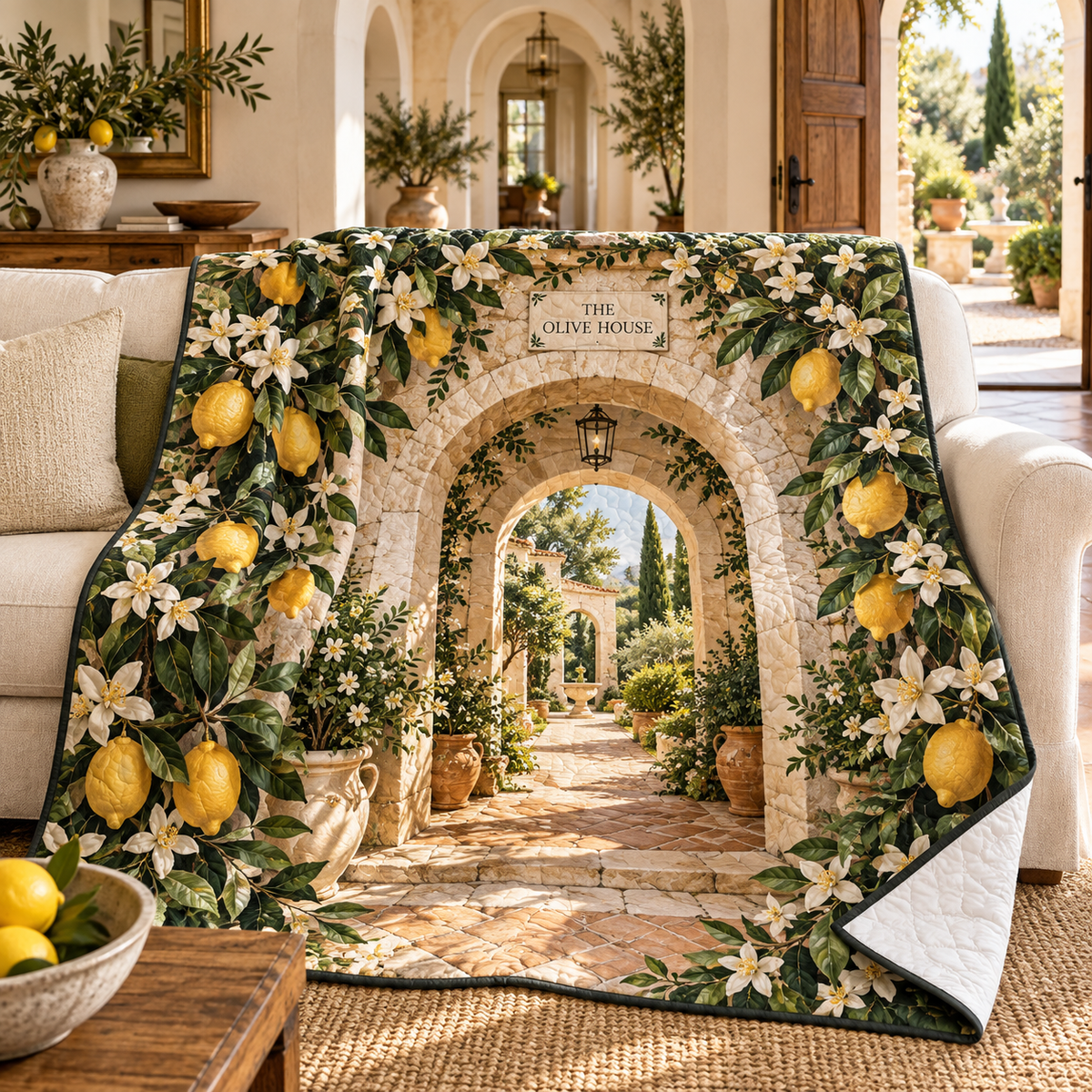 Citrus Blossom Housewarming Quilt Blanket with flat printed citrus-blossom housewarming garden and sample household name