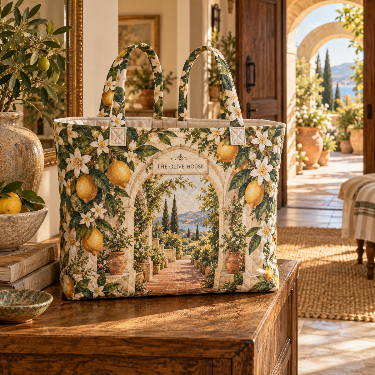 Citrus Blossom Housewarming Quilted Tote Bag with flat printed citrus-blossom housewarming garden and sample household name