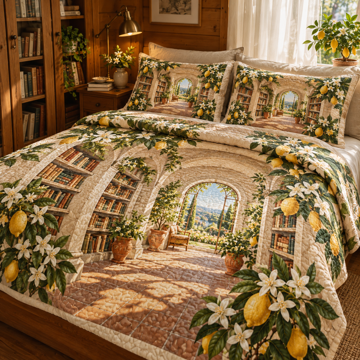Citrus Blossom Quiet Corner Quilted Bedding Set with flat printed citrus-blossom quiet reading alcove
