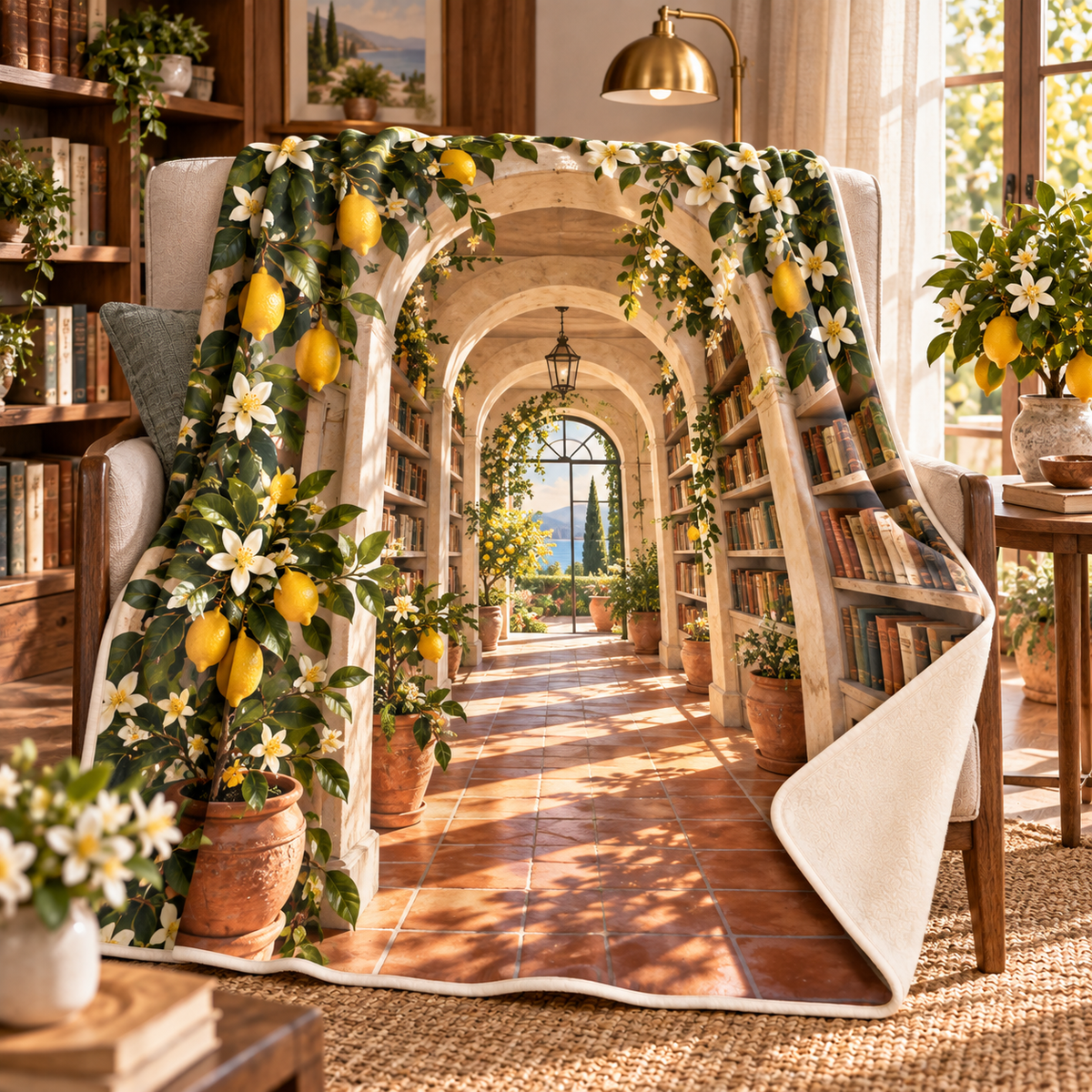 Citrus Blossom Quiet Corner Sherpa & Fleece Blanket with flat printed citrus-blossom quiet reading alcove
