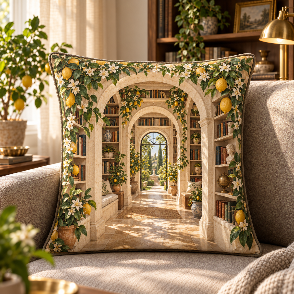 Citrus Blossom Quiet Corner Quilted Cushion Cover with flat printed citrus-blossom quiet reading alcove