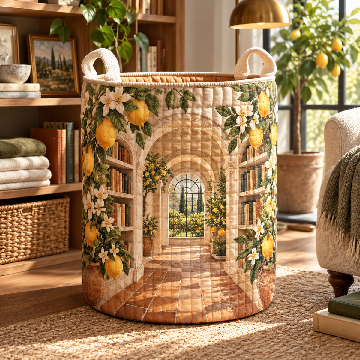 Citrus Blossom Quiet Corner Laundry Hamper with flat printed citrus-blossom quiet reading alcove