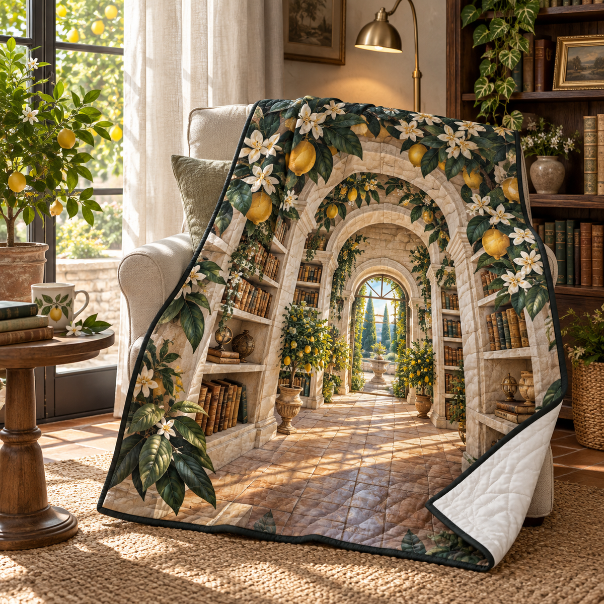 Citrus Blossom Quiet Corner Quilt Blanket with flat printed citrus-blossom quiet reading alcove