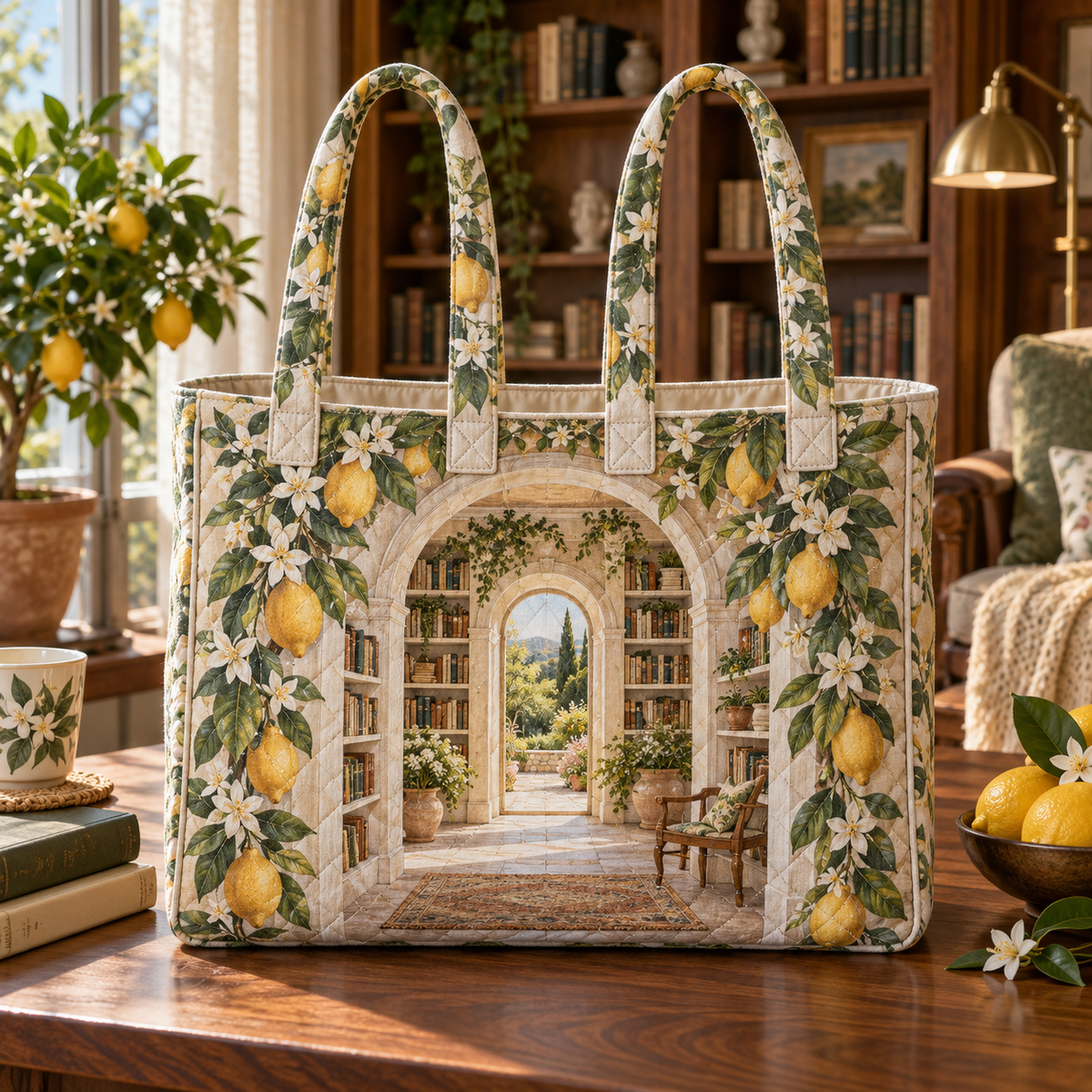 Citrus Blossom Quiet Corner Quilted Tote Bag with flat printed citrus-blossom quiet reading alcove